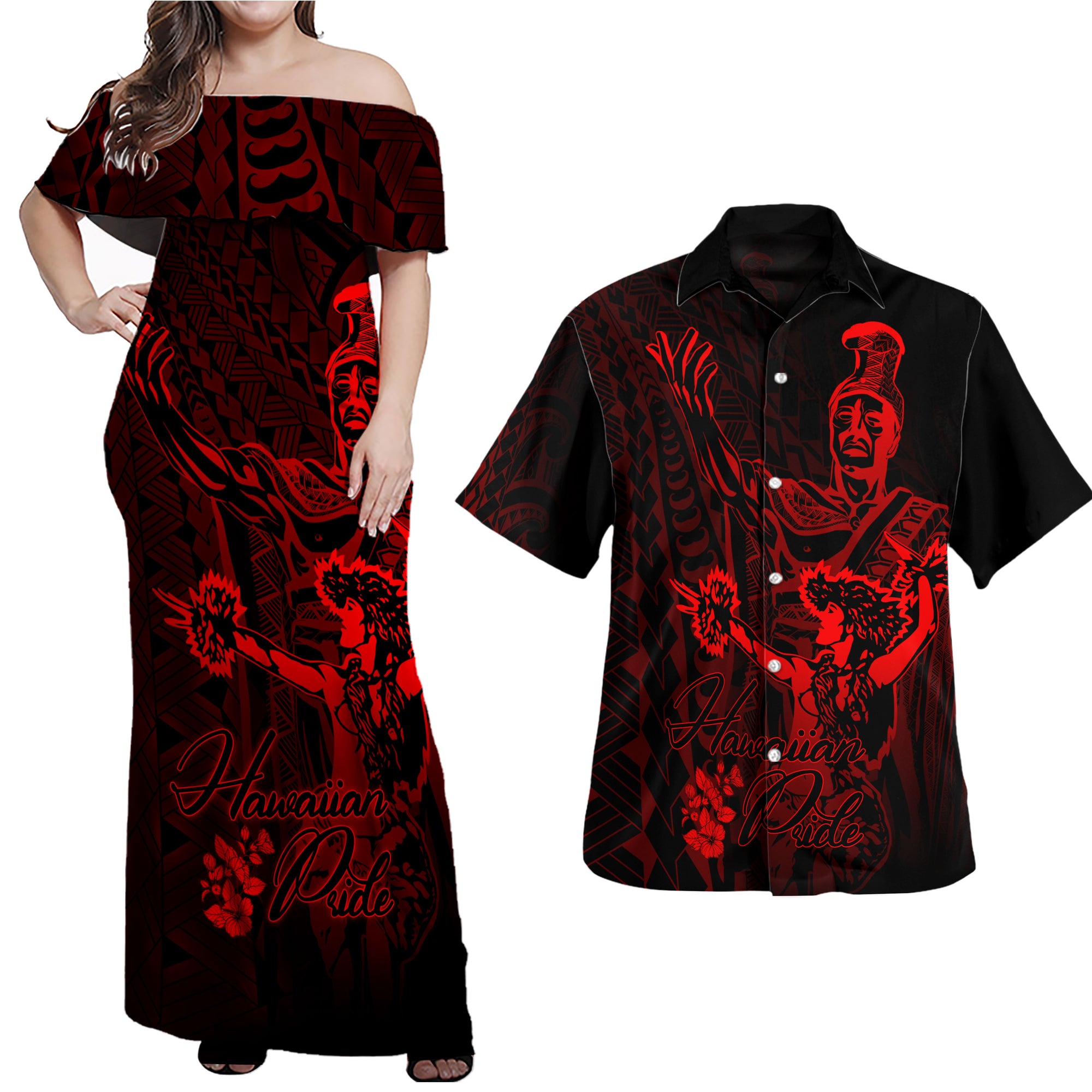 hawaii-polynesian-combo-dress-and-hawaiian-shirt-king-of-hawaii-with-hawaiian-girls-red-version