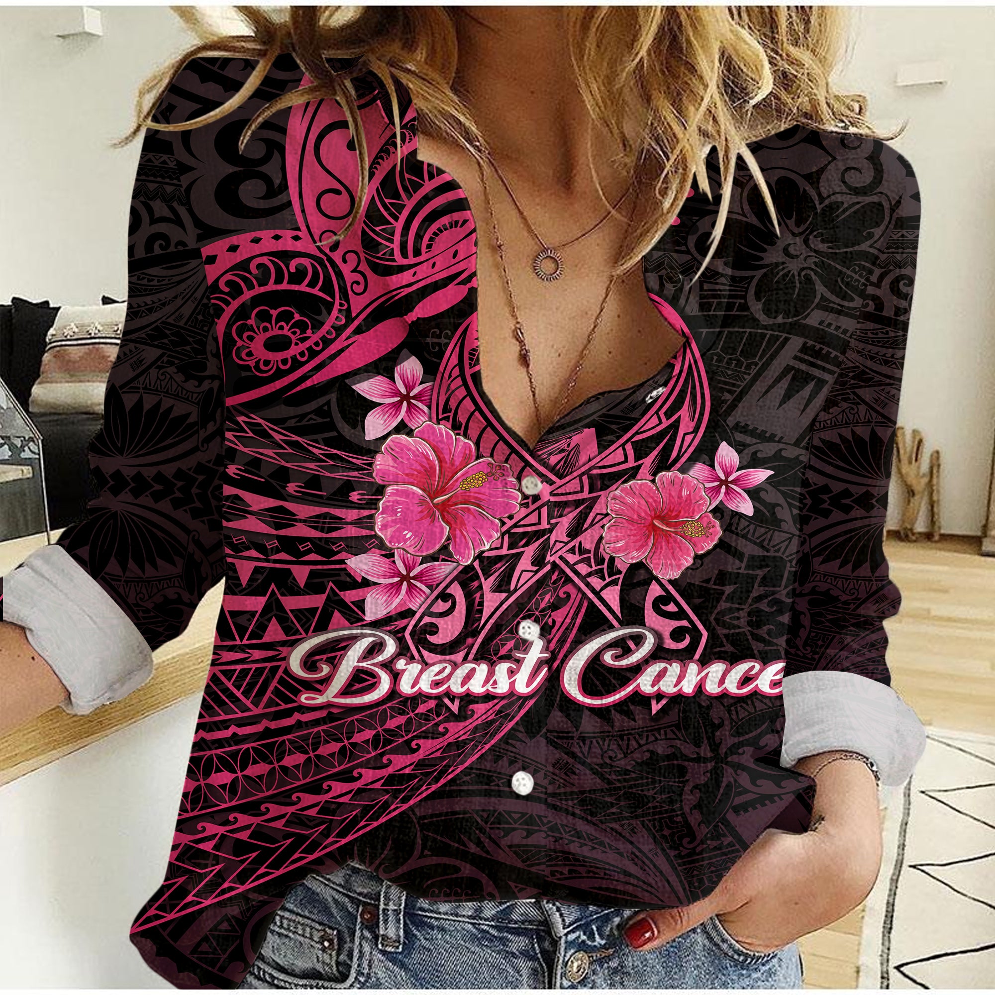 Breast Cancer Pink Ribbon Butterfly Polynesian Black Version Women Casual Shirt - LT12 Female Black - Polynesian Pride