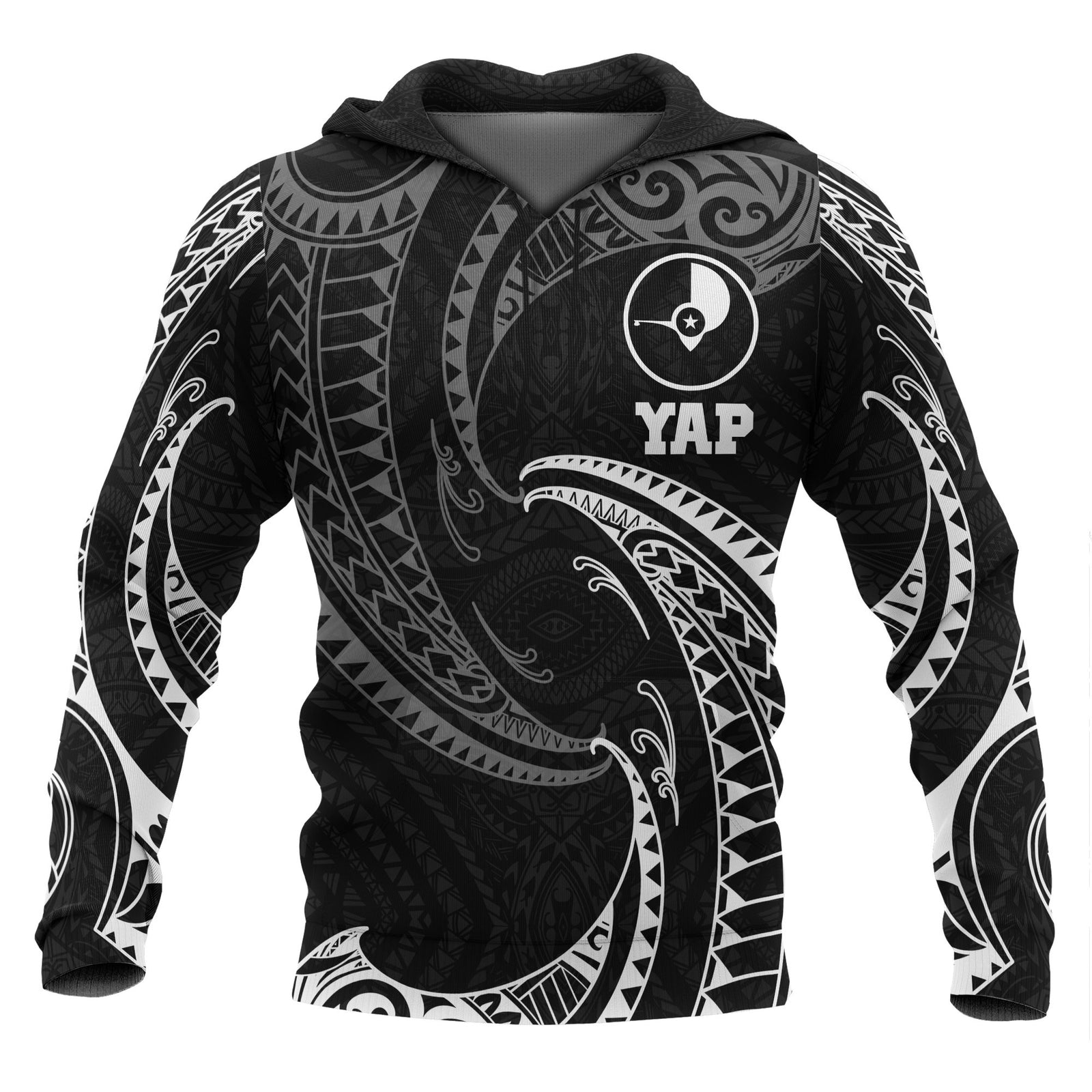 Yap Micronesia ll Over Hoodie White Tribal Wave Unisex Black - Polynesian Pride