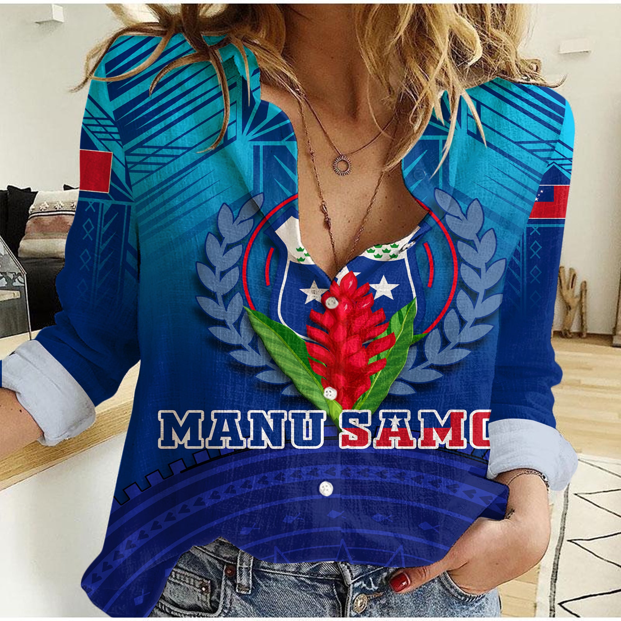 Manu Samoa Legend Women Casual Shirt - LT12 Female Blue - Polynesian Pride