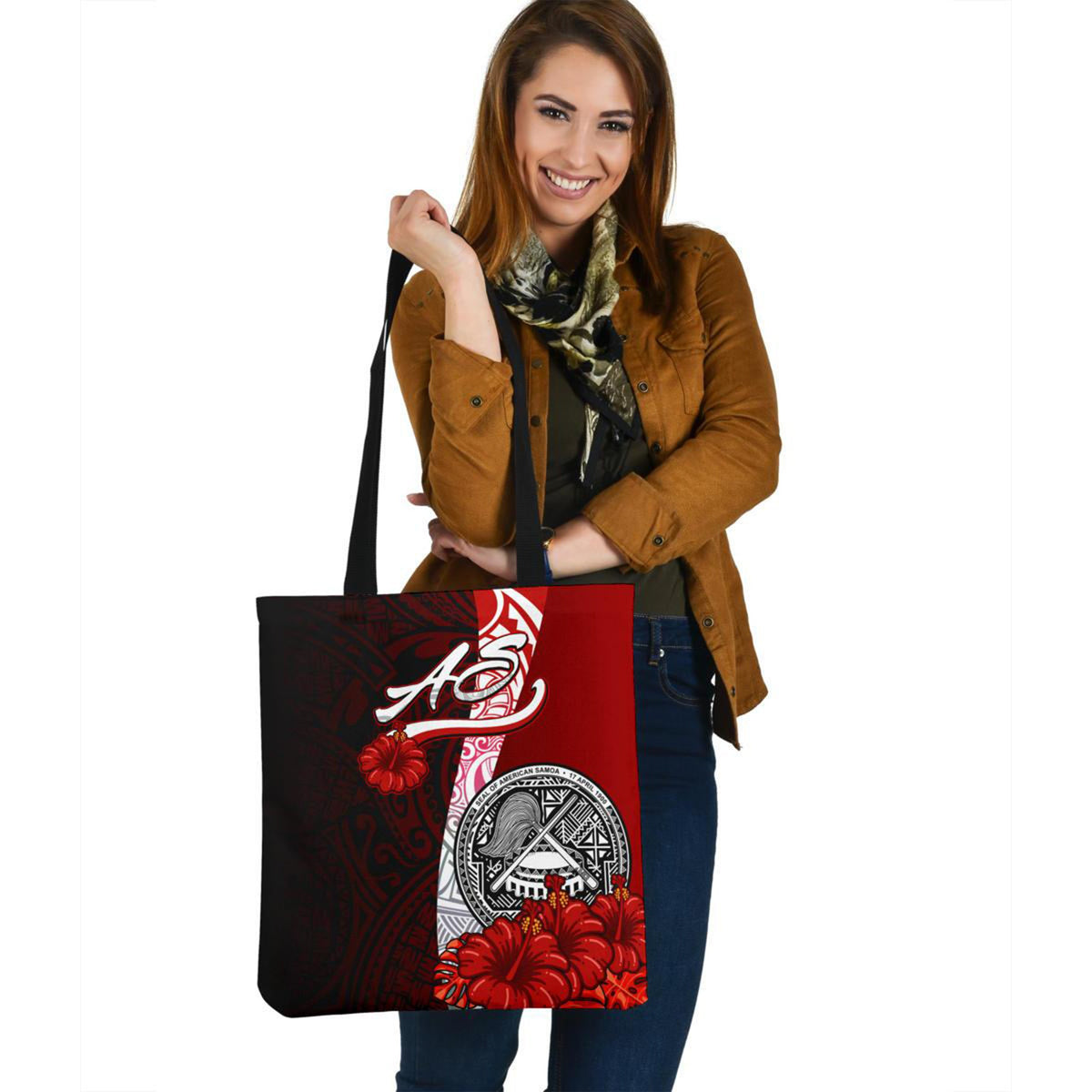 American Samoa Polynesian Tote Bag - Coat Of Arm With Hibiscus Tote Bag One Size Red - Polynesian Pride