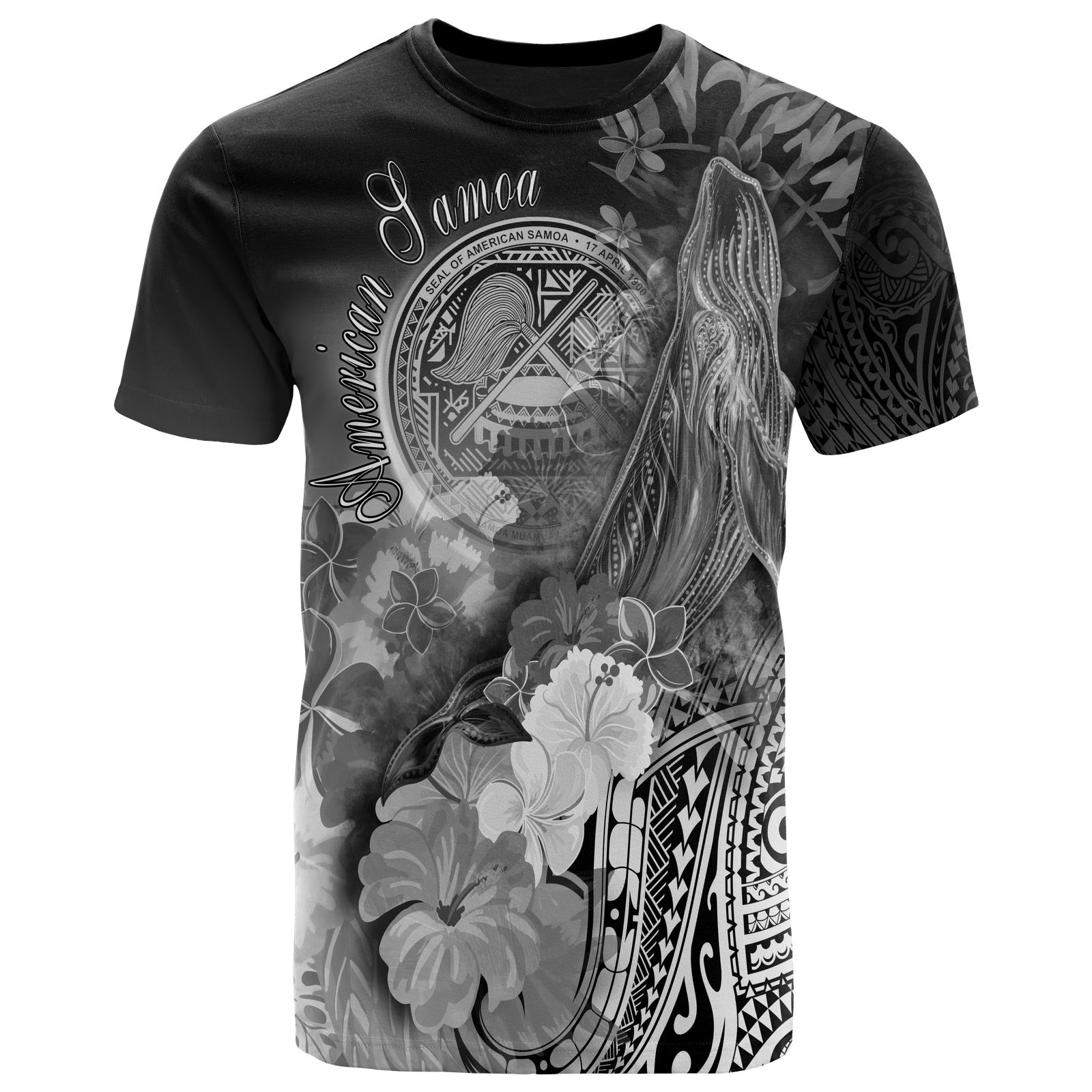American Samoa Polynesian T Shirt Humpback Whale with Tropical Flowers (White) Unisex White - Polynesian Pride