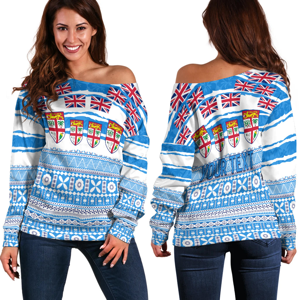 (Custom Personalised) Fiji Polynesian Off Shoulder Sweater Fijian Tropical Flowers LT13 Women Blue - Polynesian Pride