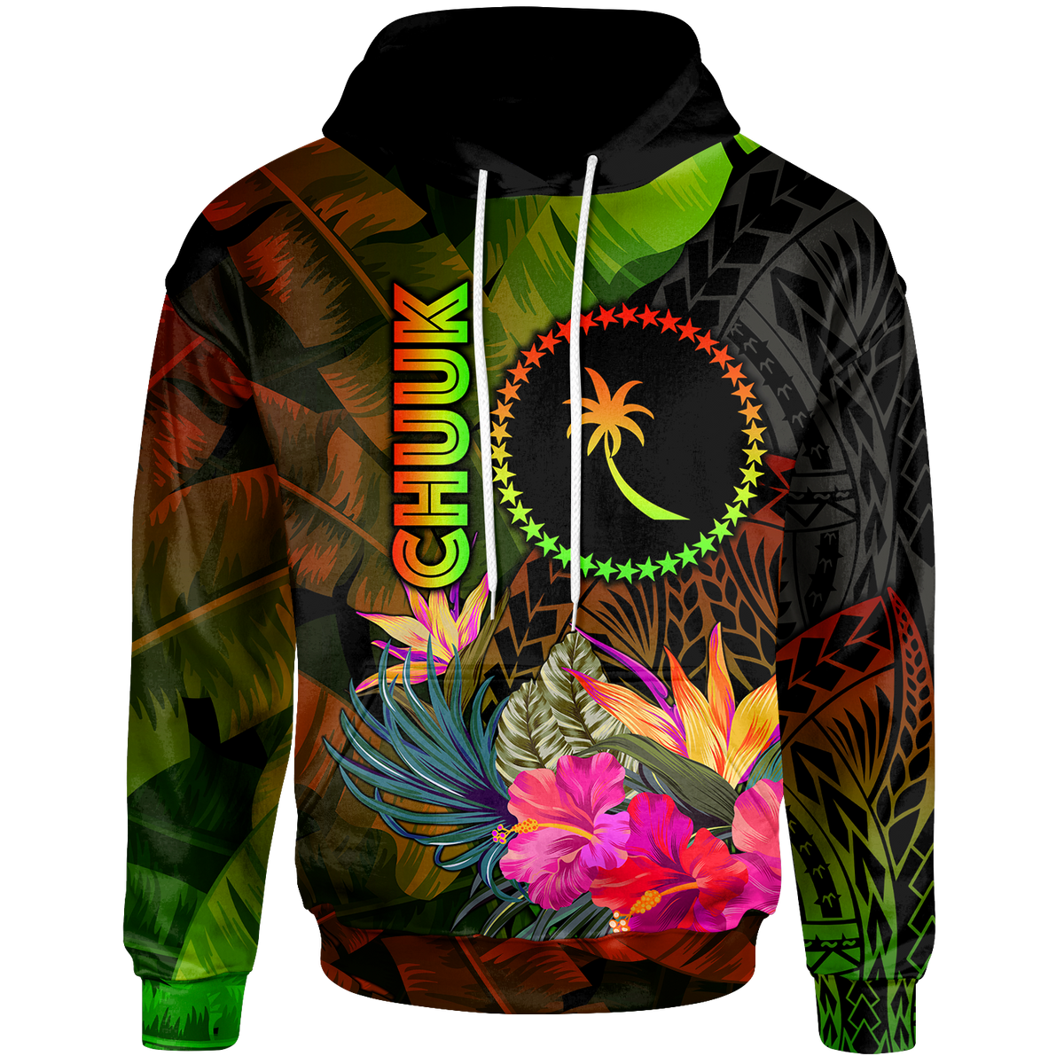 Chuuk Polynesian Hoodie Hibiscus and Banana Leaves Unisex Reggae - Polynesian Pride