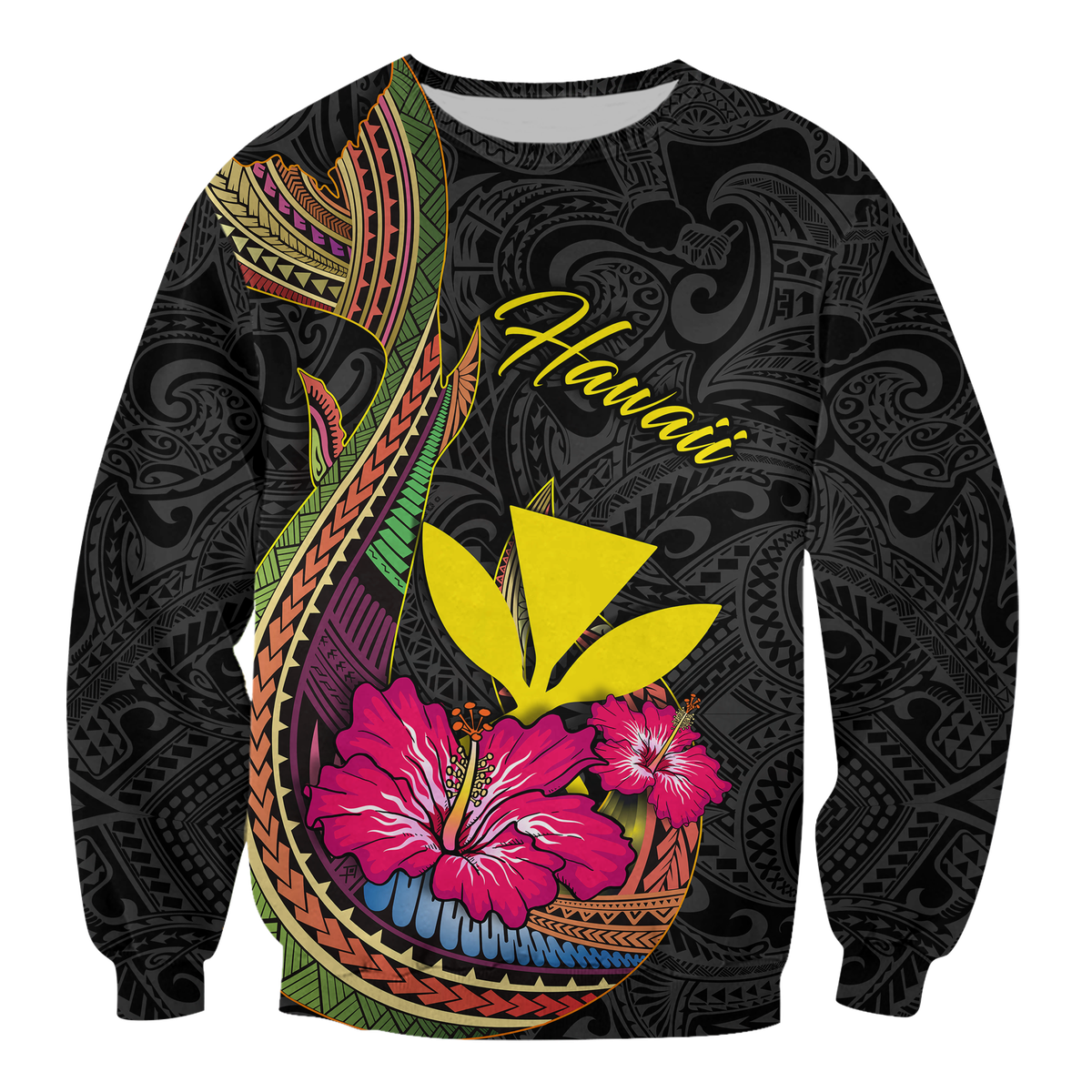 Hawaii Polynesian Fish Hook Hibiscus Sweatshirt - LT12 Unisex Black - Polynesian Pride
