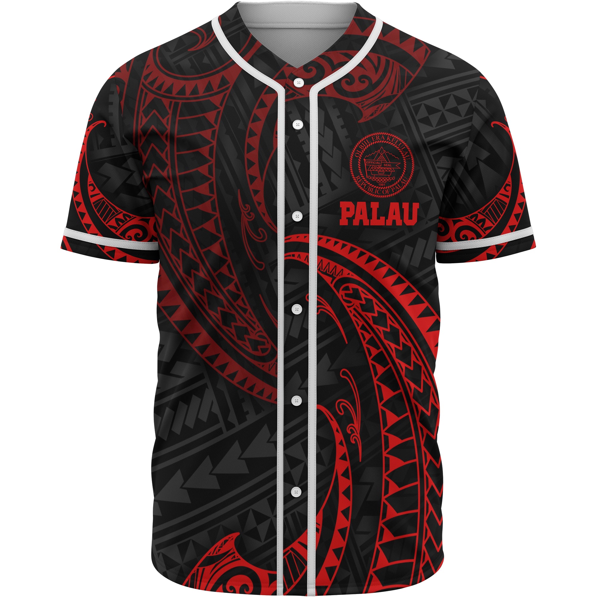 Palau Polynesian Baseball Shirt - Red Tribal Wave Unisex Red - Polynesian Pride