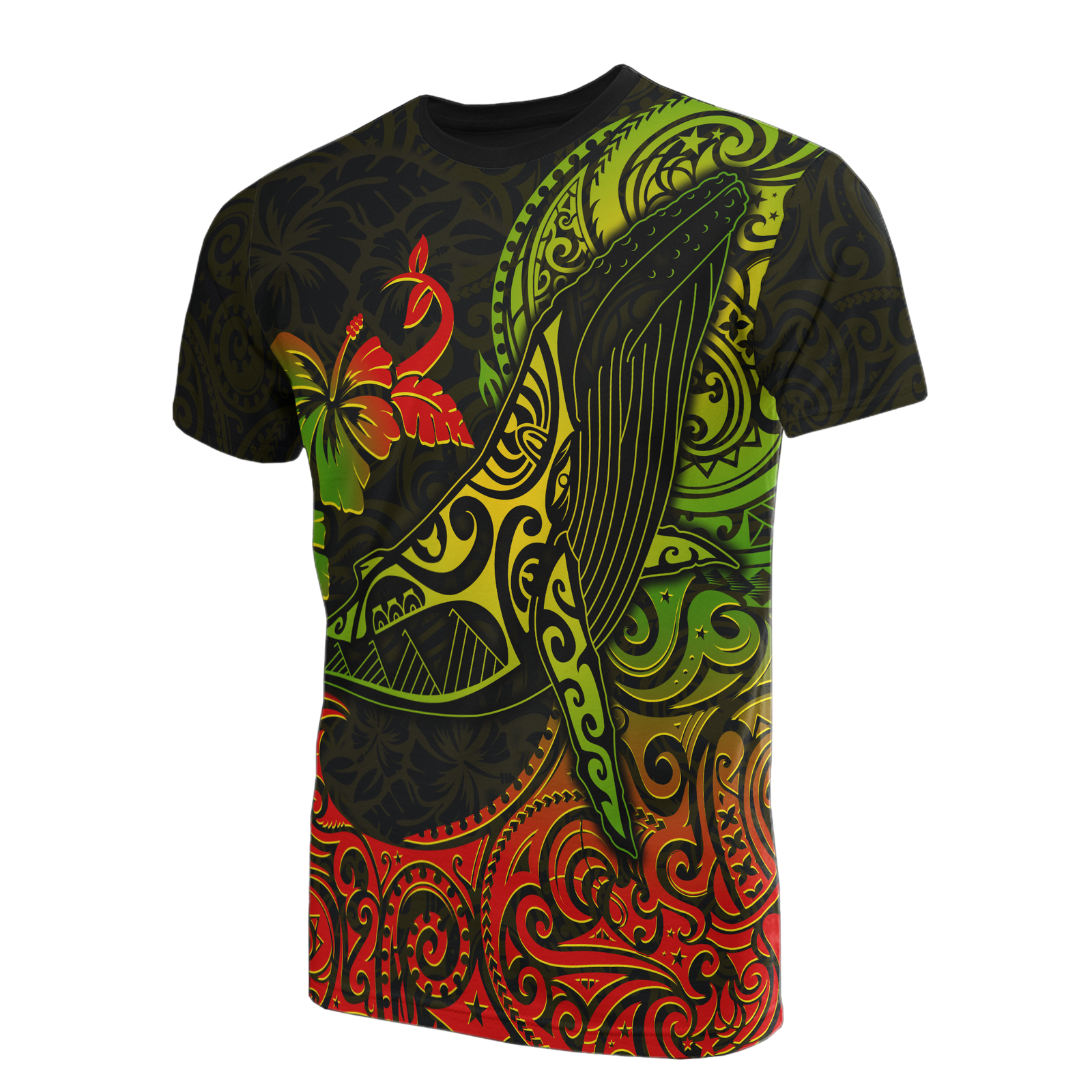 Hawaii T Shirt Polynesian Humpback Whale Hibiscus Unisex BLACK - Polynesian Pride