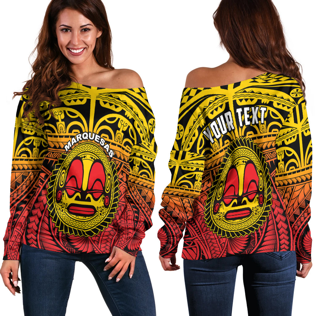 (Custom Personalised) Marquesas Islands Off Shoulder Sweater Mata Tiki Polynesian Pattern LT13 Yellow - Polynesian Pride