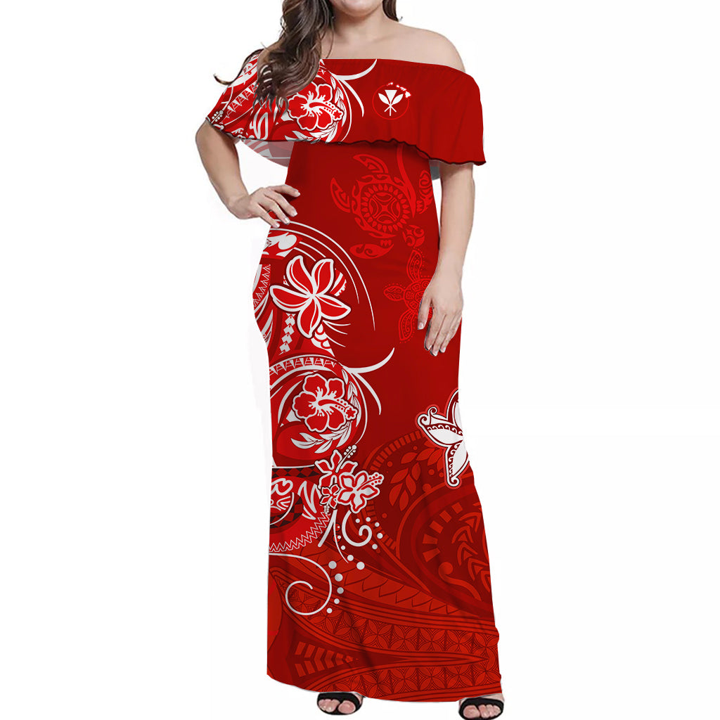 (Custom Personalised) Hawaii Off Shoulder Long Dress Polynesia Red Sea Turtle Honu and Map LT13 Women Red - Polynesian Pride