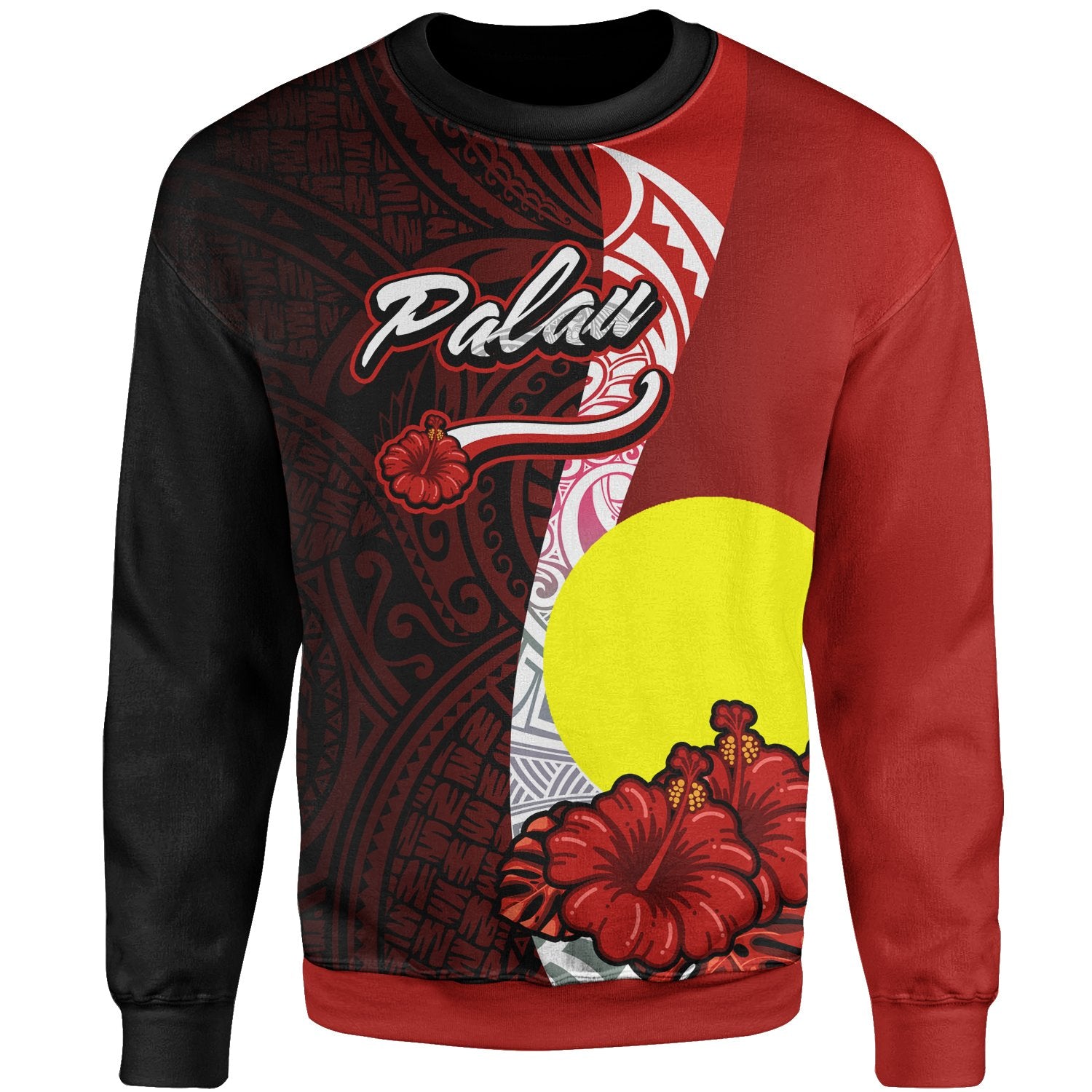 Palau Polynesian Sweater - Coat Of Arm With Hibiscus Unisex Red - Polynesian Pride
