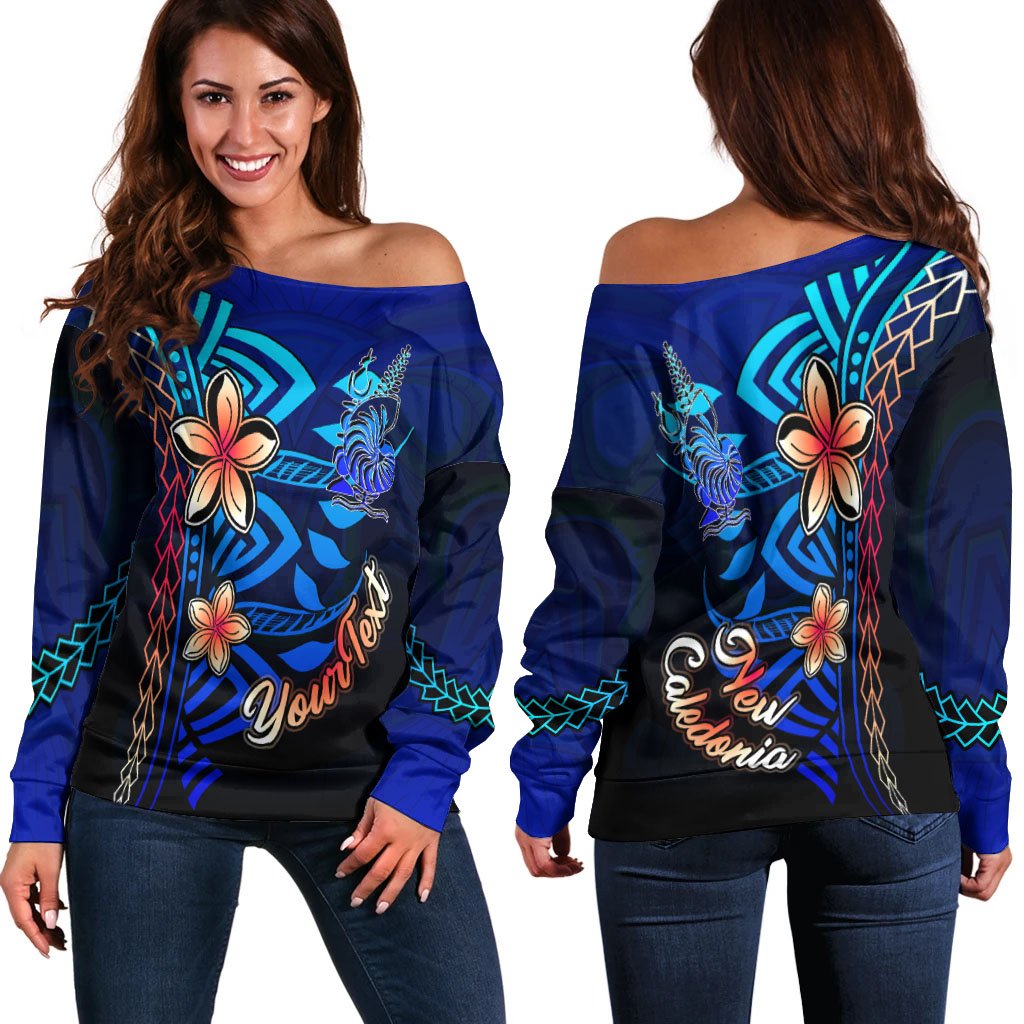 New Caledonia Custom Personalised Women's Off Shoulder Sweater - Vintage Tribal Moutain Blue - Polynesian Pride