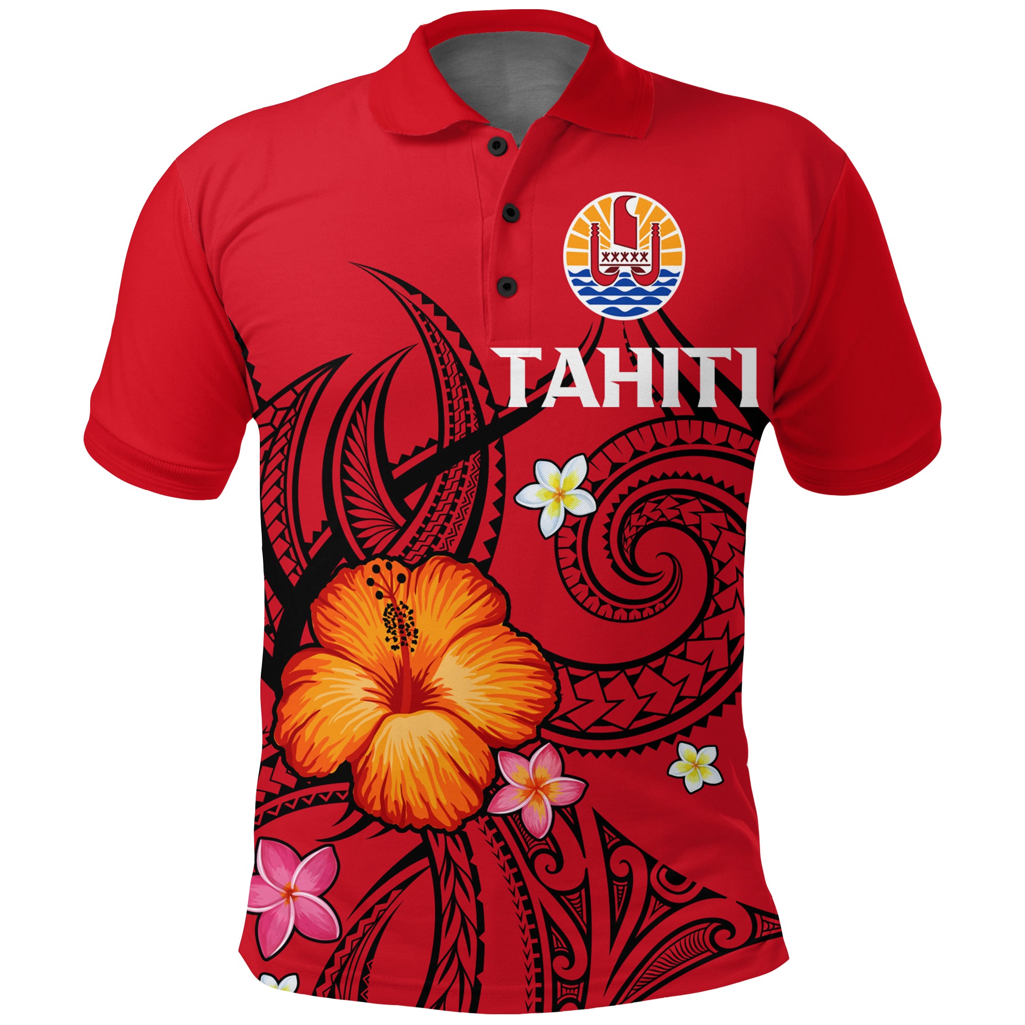 French Polynesia Polo Shirt Hibiscus With Tribal LT12 Unisex Red - Polynesian Pride