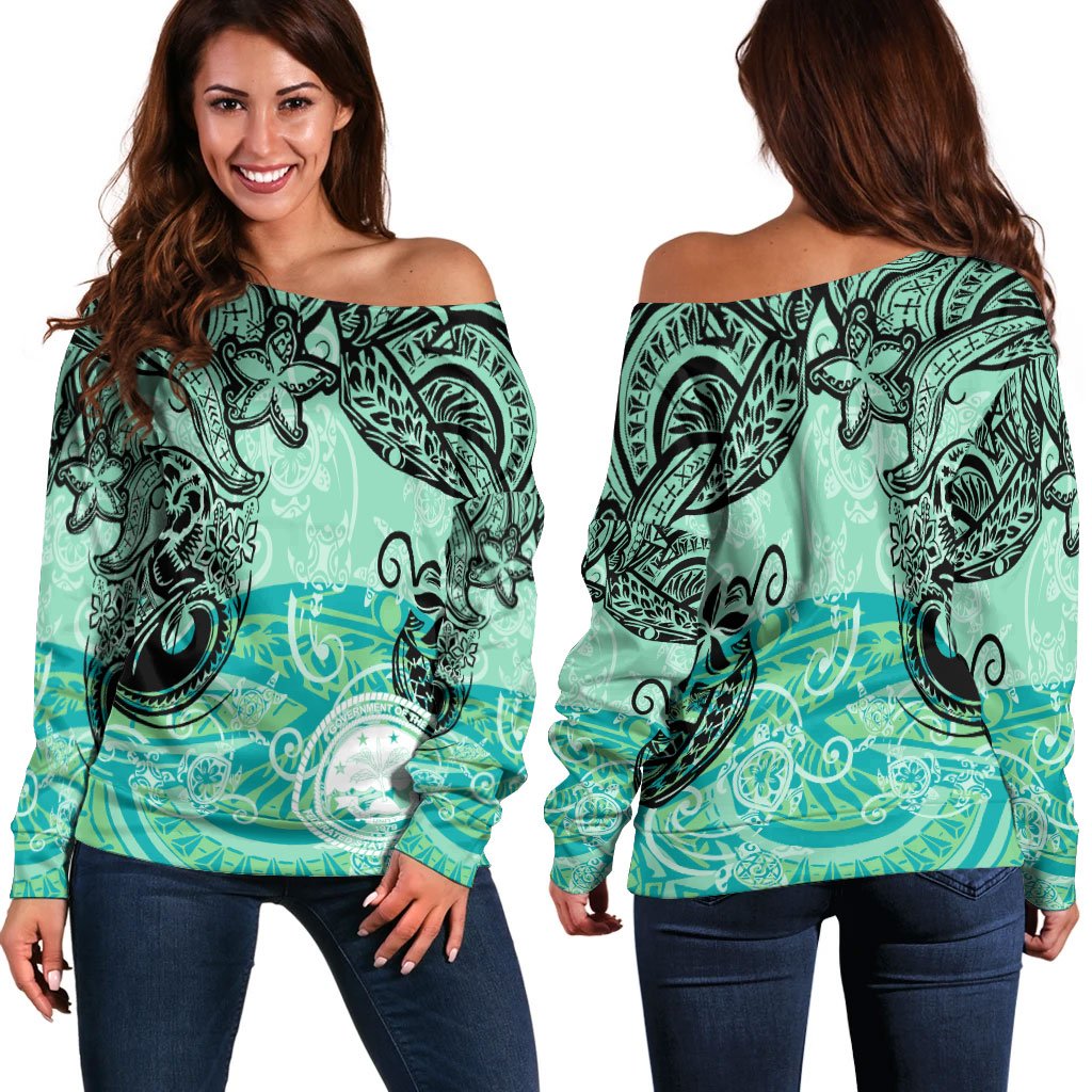 Federated States of Micronesia Women's Off Shoulder Sweaters - Vintage Floral Pattern Green Color Green - Polynesian Pride