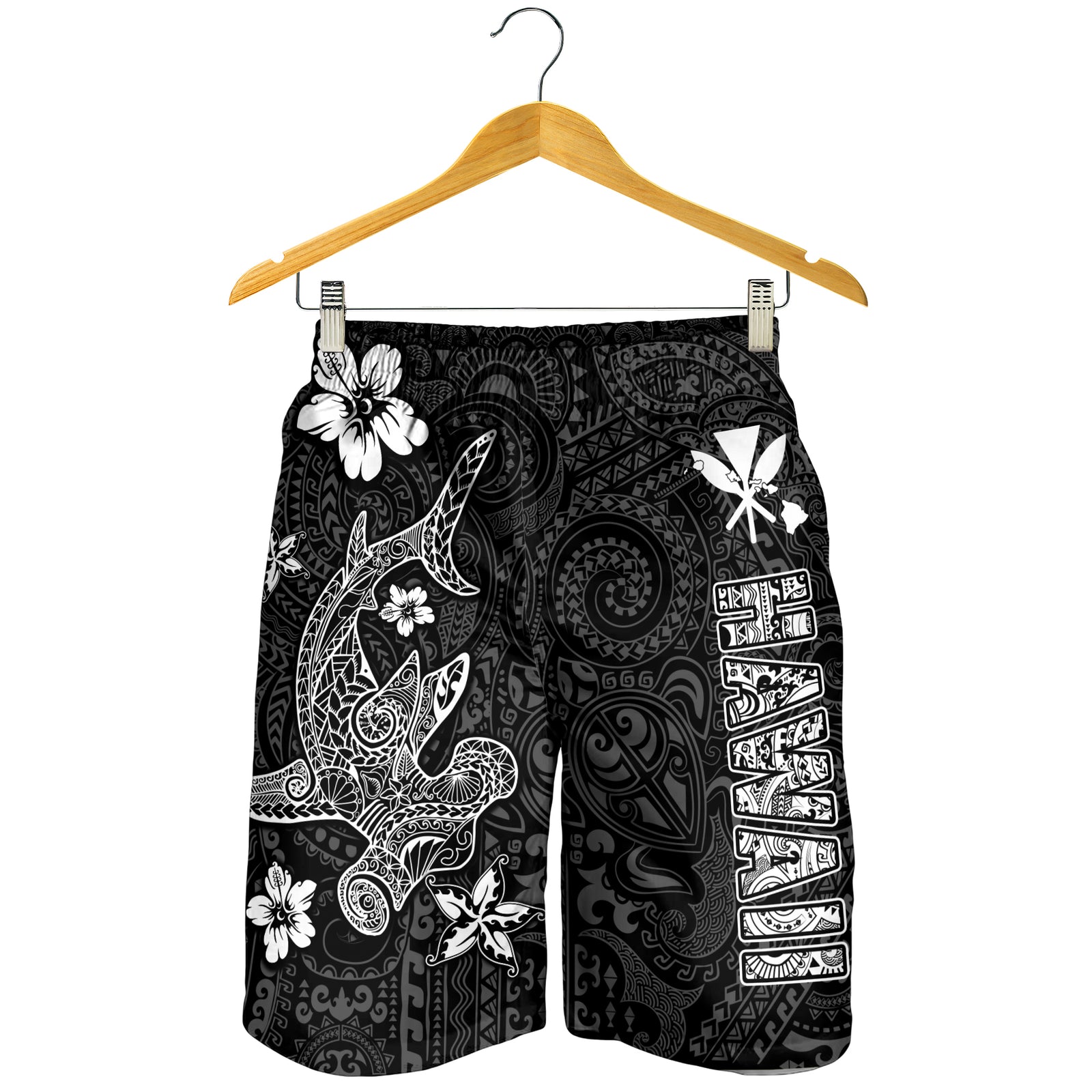 Hawaii Hammerhead Shark Hibiscus Hawaii Pattern Men Short - LT2 BLACK - Polynesian Pride