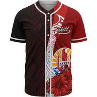 Tahiti Polynesian Baseball Shirt - Coat Of Arm With Hibiscus Unisex Red - Polynesian Pride