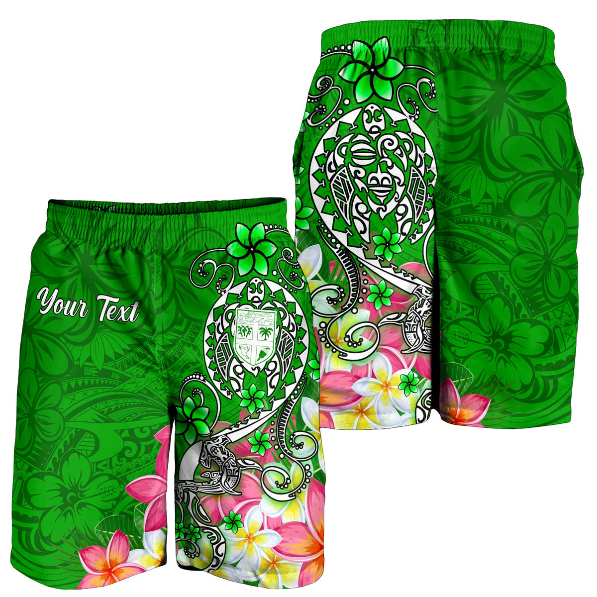 Fiji Custom Personalised Men's Shorts - Turtle Plumeria (Green) - Polynesian Pride