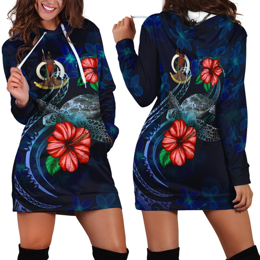 Vanuatu Polynesian Hoodie Dress - Blue Turtle Hibiscus Blue - Polynesian Pride