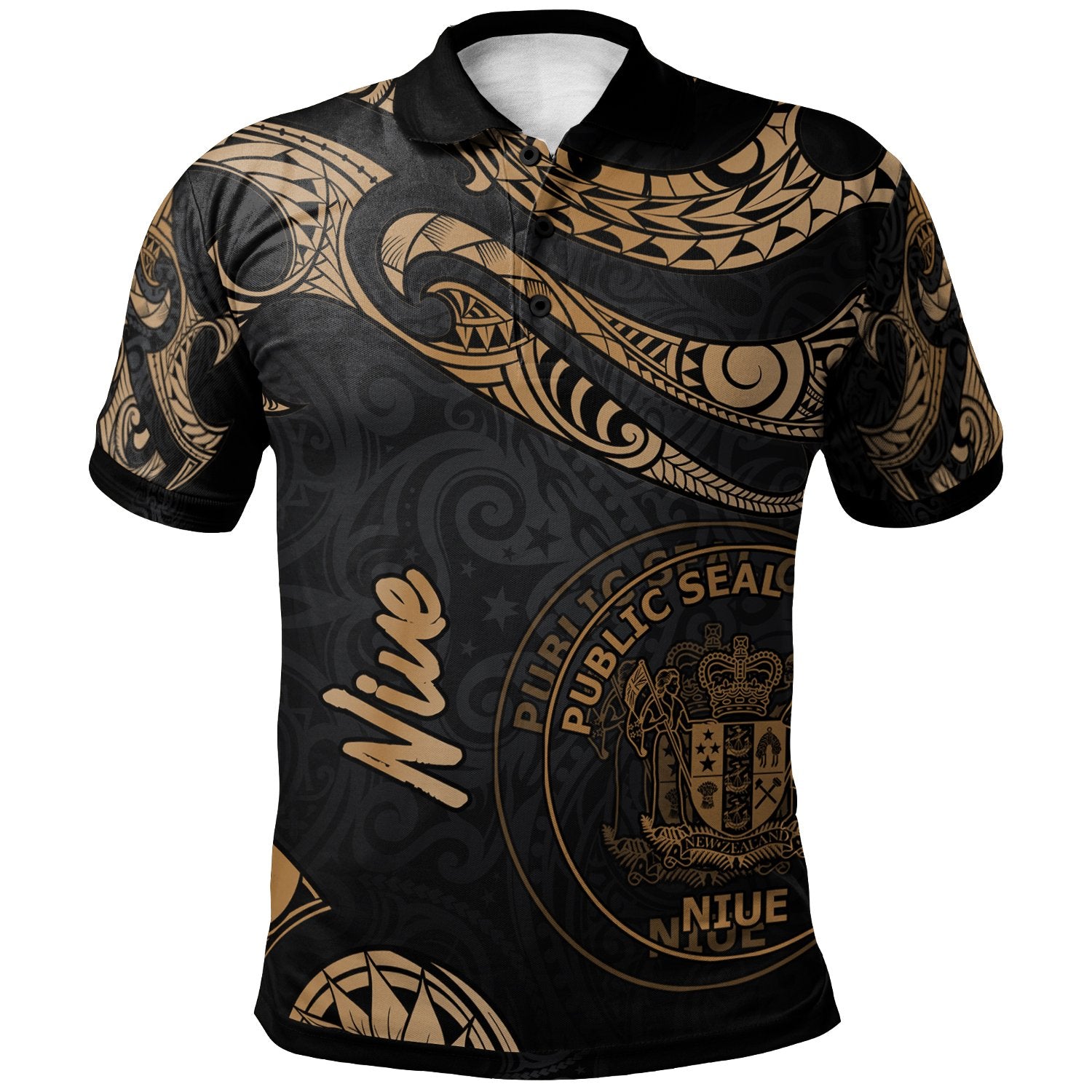 Niue Polo Shirt Polynesian Tattoo Gold Version Unisex Gold - Polynesian Pride