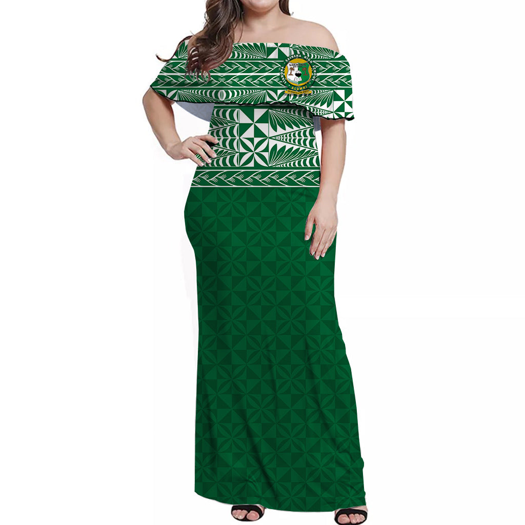 Liahona Tonga Off Shoulder Long Dress - Tongan Pattern - LT12 Long Dress Green - Polynesian Pride