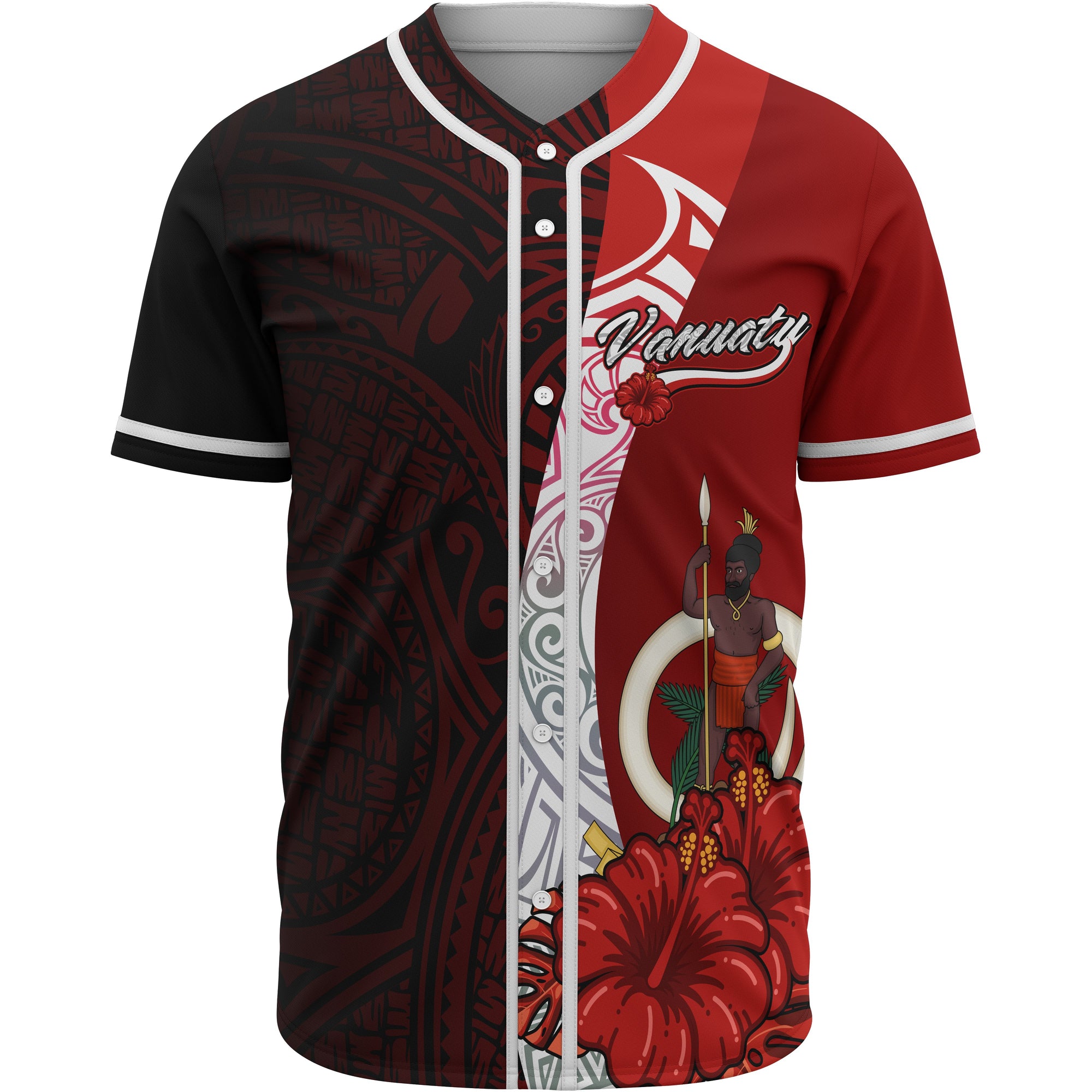 Vanuatu Polynesian Baseball Shirt - Coat Of Arm With Hibiscus Unisex Red - Polynesian Pride