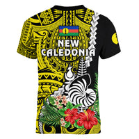 New Caledonia Polynesian Coat Of Arms Mix Tropical Flowers Women V Neck T Shirt LT14 - Polynesian Pride