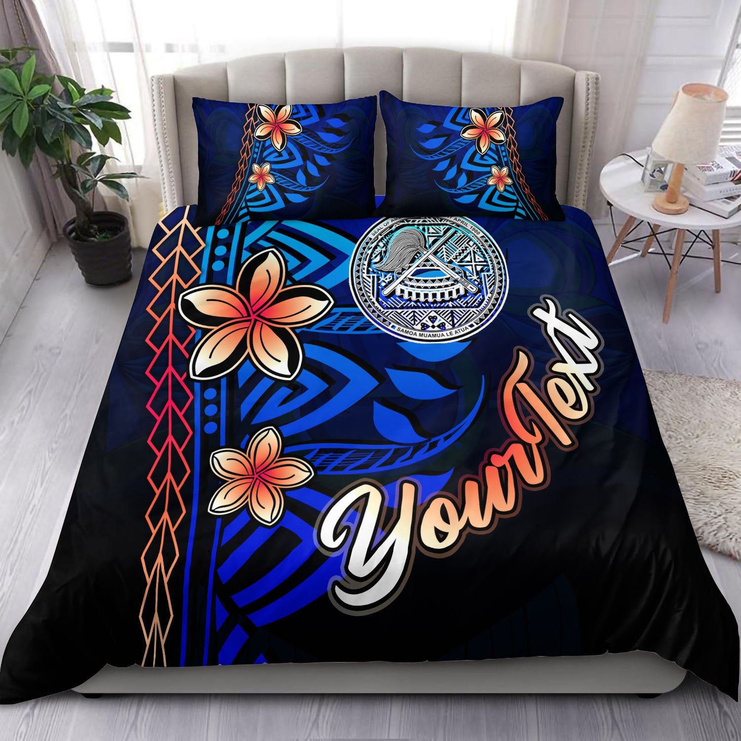 American Samoa Custom Personalised Bedding Set - Vintage Tribal Mountain Blue - Polynesian Pride