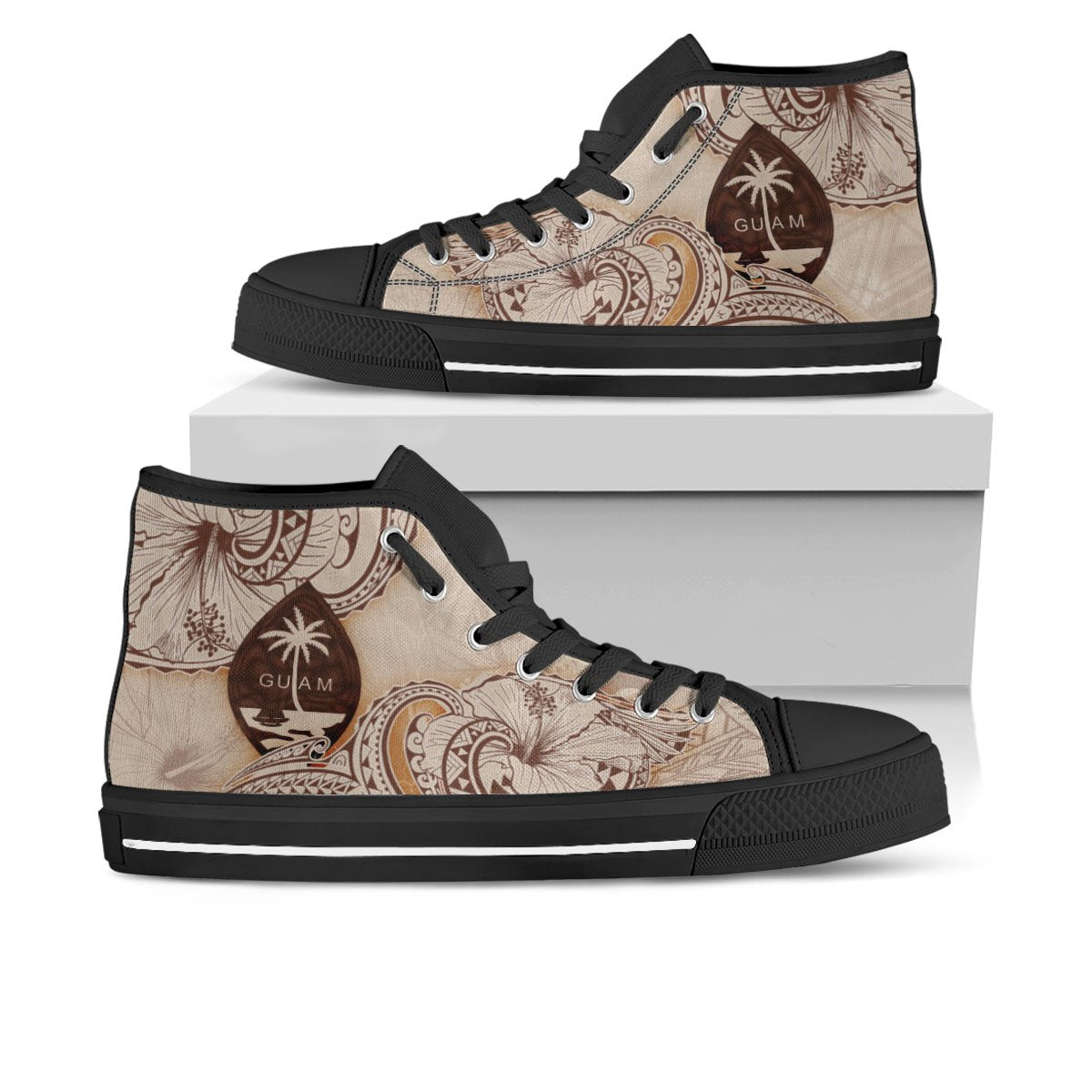 Guam High Top Shoes - Hibiscus Flowers Vintage Style Unisex Black - Polynesian Pride