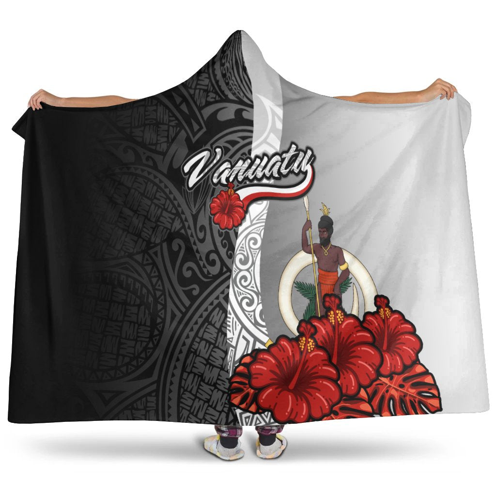 Vanuatu Polynesian Hooded Blanket - Coat Of Arm With Hibiscus White Hooded Blanket White - Polynesian Pride