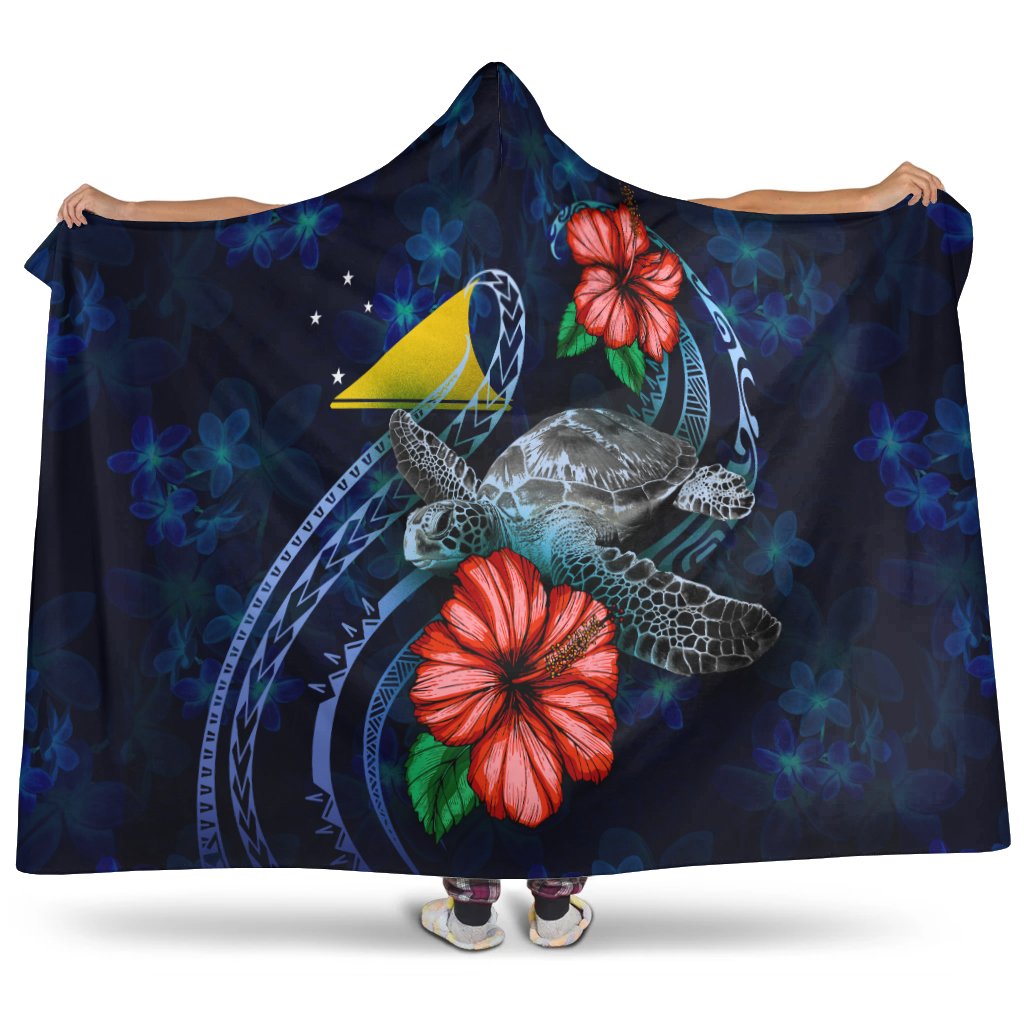 Tokelau Polynesian Hooded Blanket - Blue Turtle Hibiscus Hooded Blanket Blue - Polynesian Pride