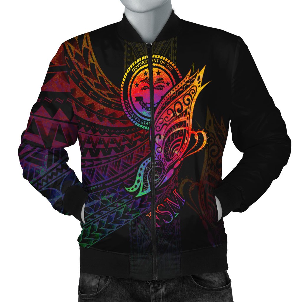 Federated States of Micronesia Men's Bomber Jacket - Butterfly Polynesian Style Black - Polynesian Pride