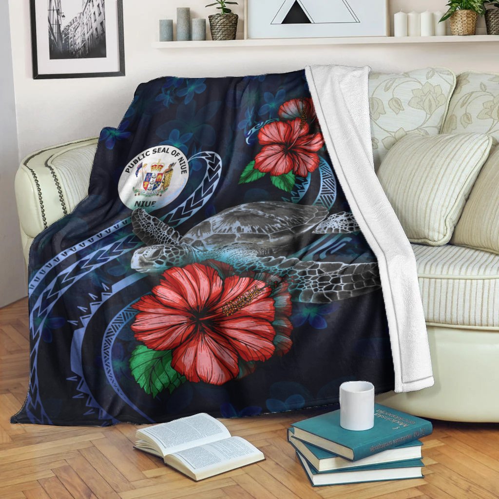 Niue Polynesian Premium Blanket - Blue Turtle Hibiscus White - Polynesian Pride