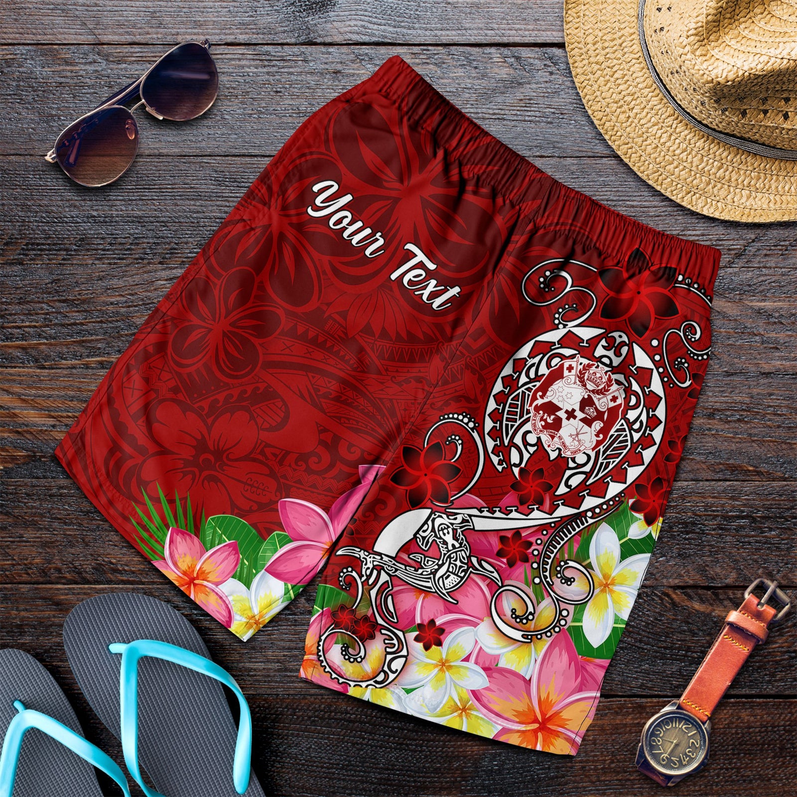 Tonga Custom Personalised Men's Shorts - Turtle Plumeria (RED) Red - Polynesian Pride