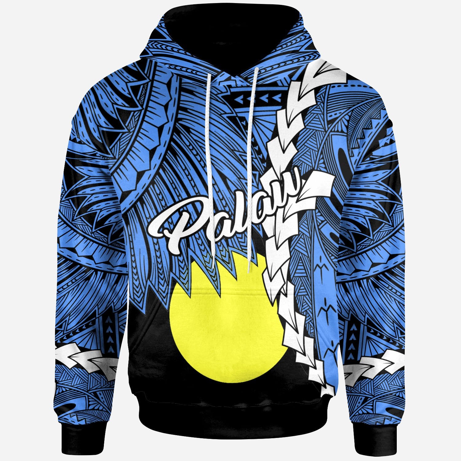 Palau Polynesian Hoodie Tribal Wave Tattoo Flag Style Unisex Blue - Polynesian Pride