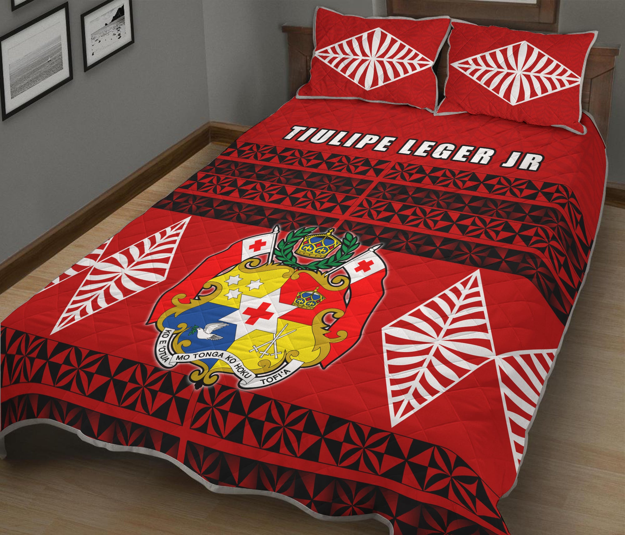 (TIULIPE LEGER JR) Tonga Quilt Bed Set - Tongan Pattern LT13 Red - Polynesian Pride