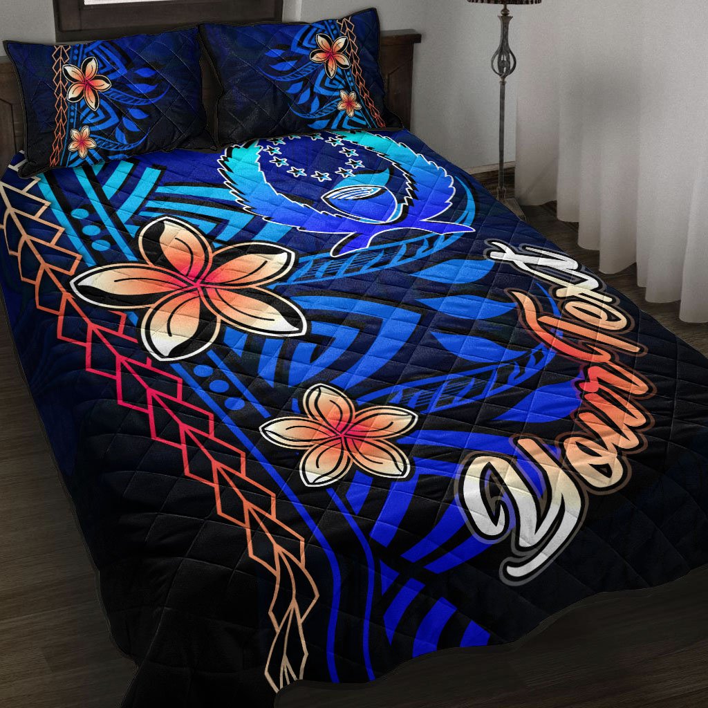 Pohnpei Custom Personalised Quilt Bed Set - Vintage Tribal Mountain Blue - Polynesian Pride