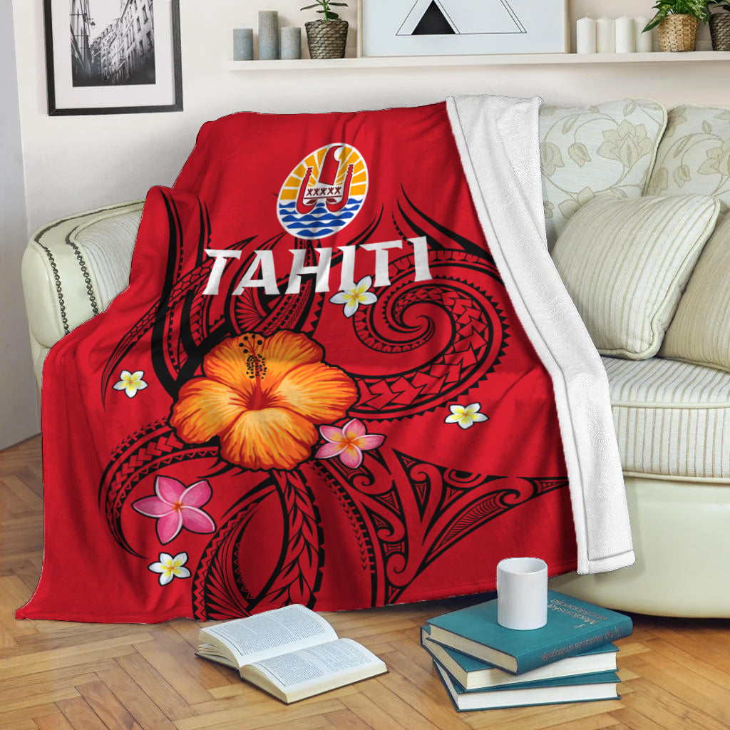 French Polynesia Blanket - Hibiscus With Tribal - LT12 White - Polynesian Pride