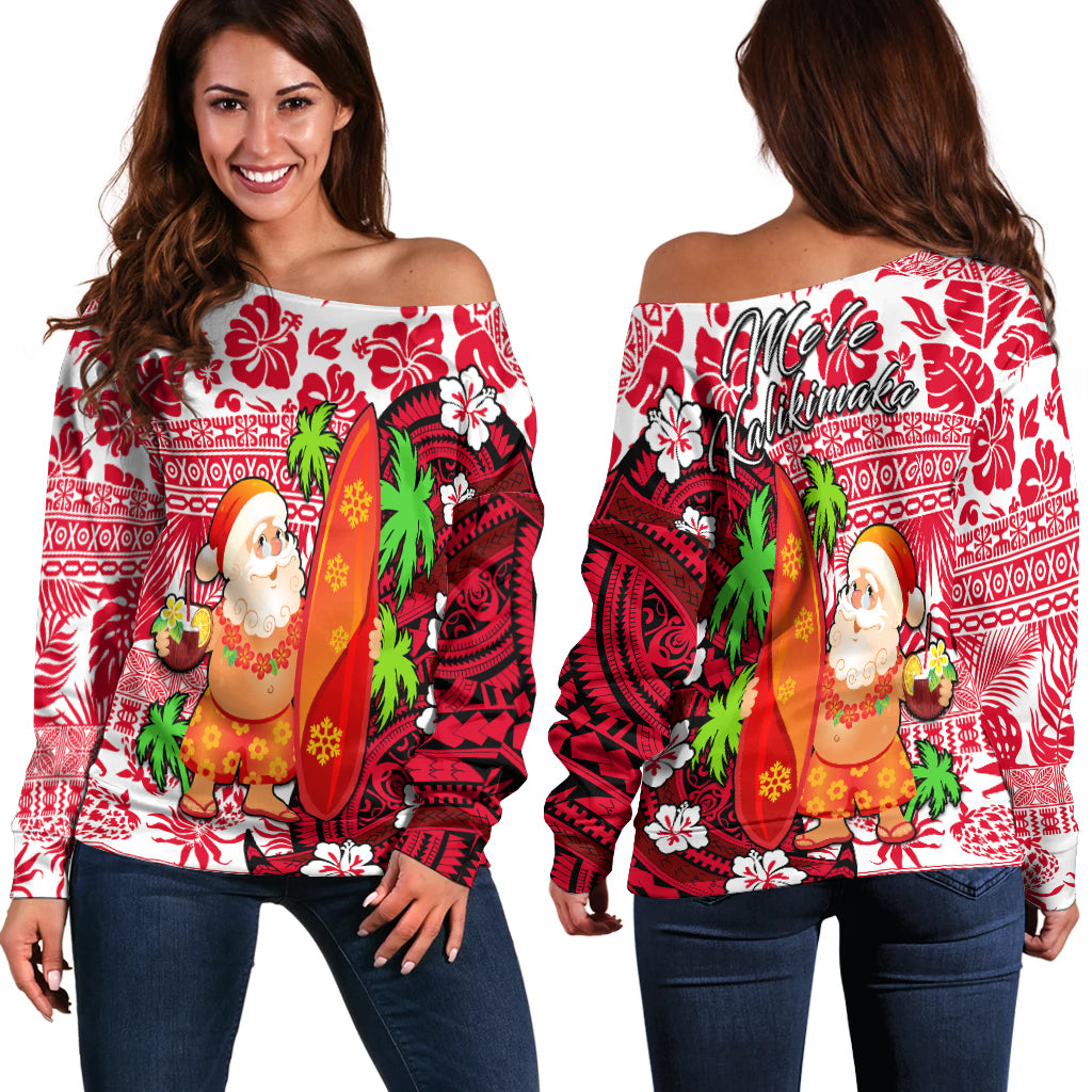 Mele Kalikimaka Off Shoulder Sweater Christmas Hawaii with Santa Claus LT13 Red - Polynesian Pride