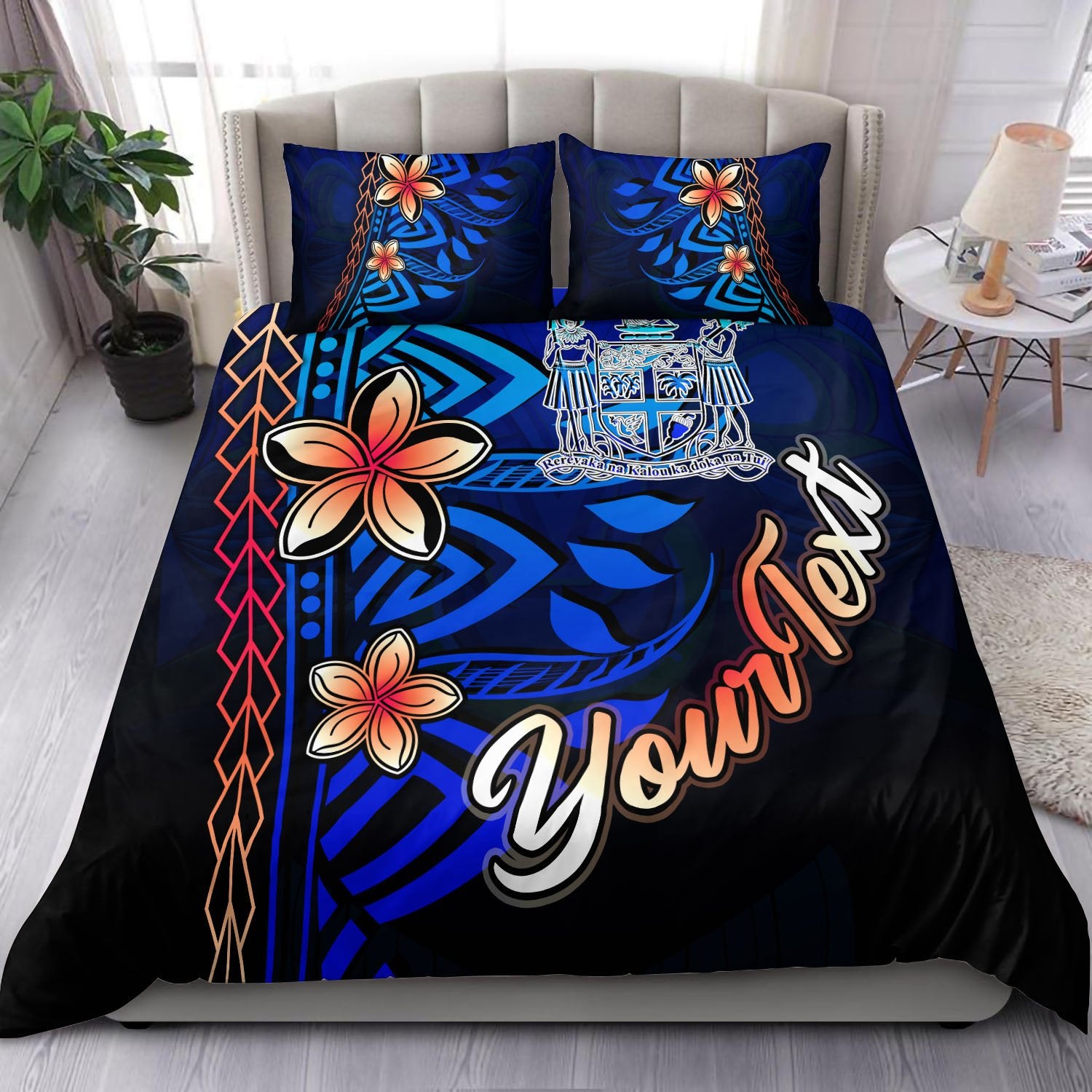 Fiji Custom Personalised Bedding Set - Vintage Tribal Mountain Crest Blue - Polynesian Pride