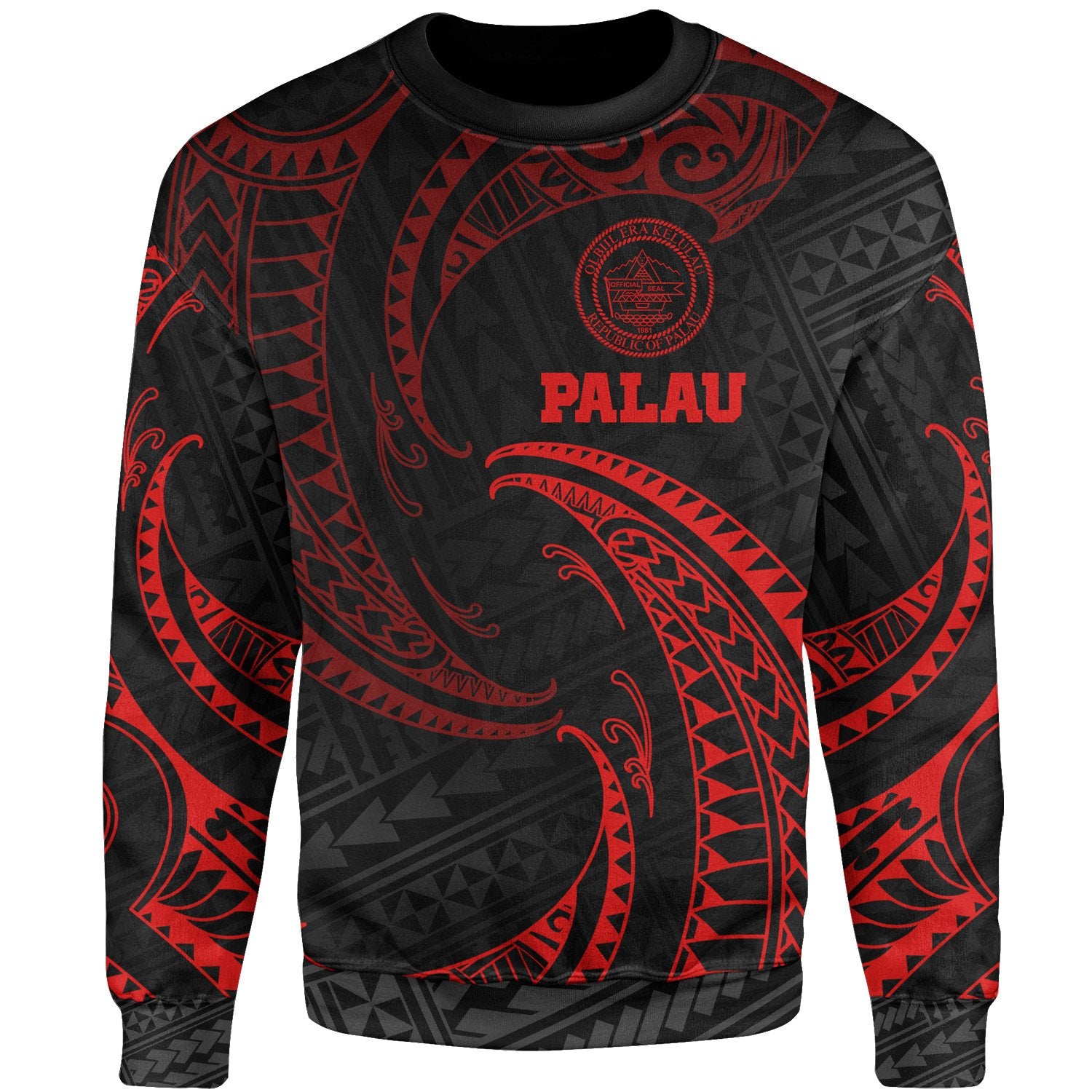 Palau Polynesian Sweater - Red Tribal Wave Unisex Red - Polynesian Pride