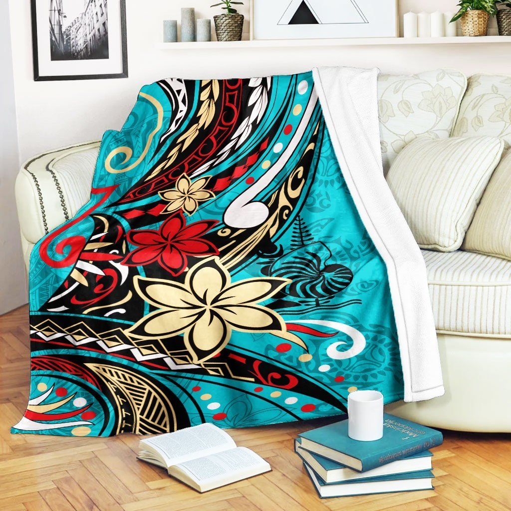 New Caledonia Premium Blanket - Tribal Flower With Special Turtles Blue Color White - Polynesian Pride