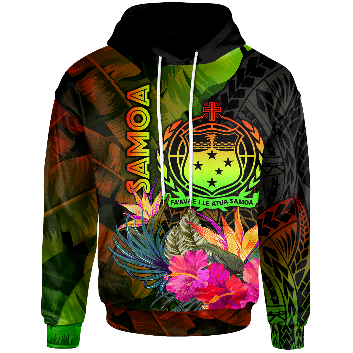 Samoa Polynesian Hoodie Hibiscus and Banana Leaves Unisex Reggae - Polynesian Pride