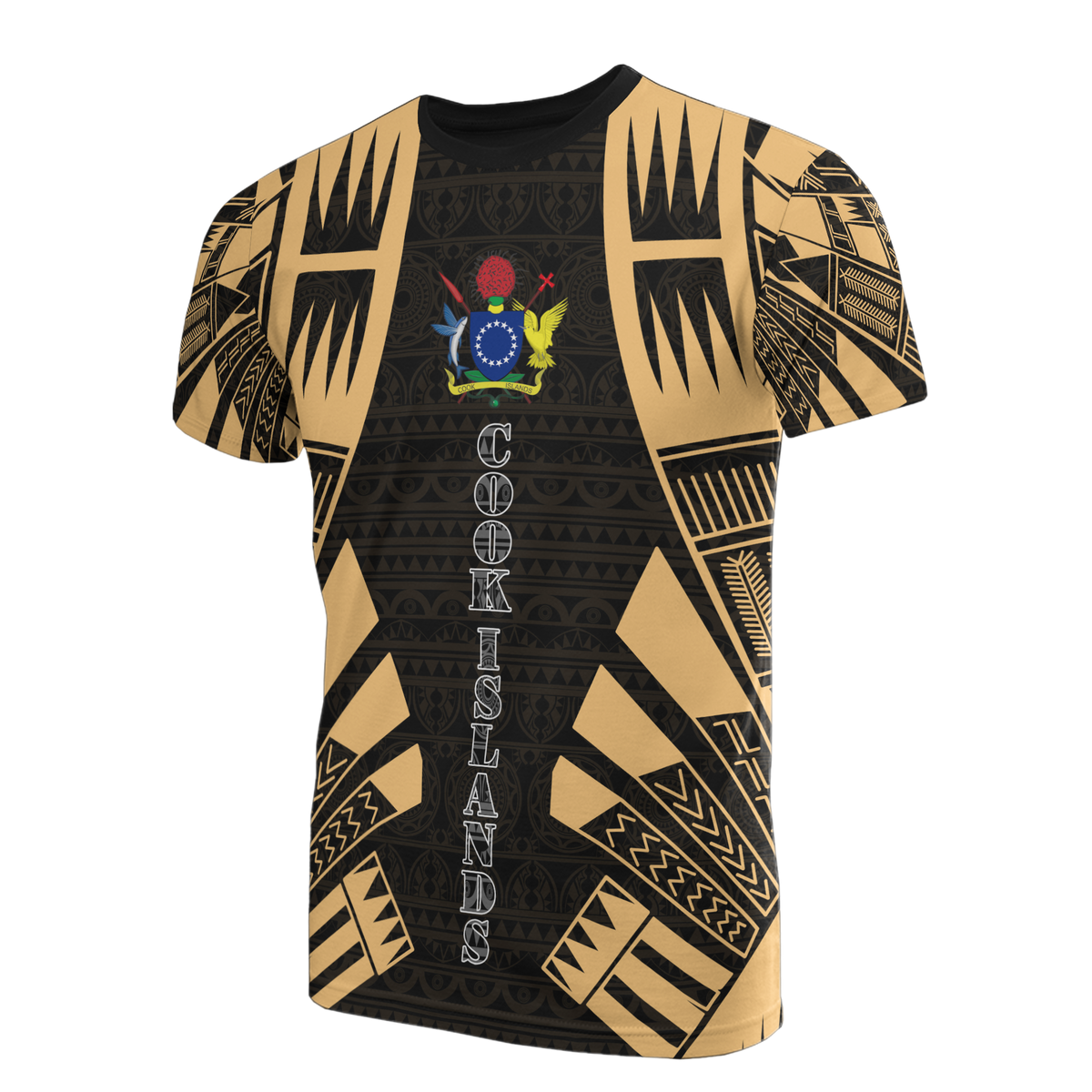 Cook Islands T Shirt Polynesian Coat of Arms Polynesian Tattoo Gold Style Unisex Black-Gold - Polynesian Pride