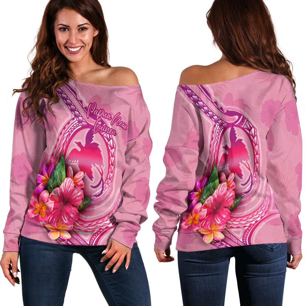 Papua New Guinea Polynesian Women's Off Shoulder Sweater - Floral With Seal Pink Pink - Polynesian Pride
