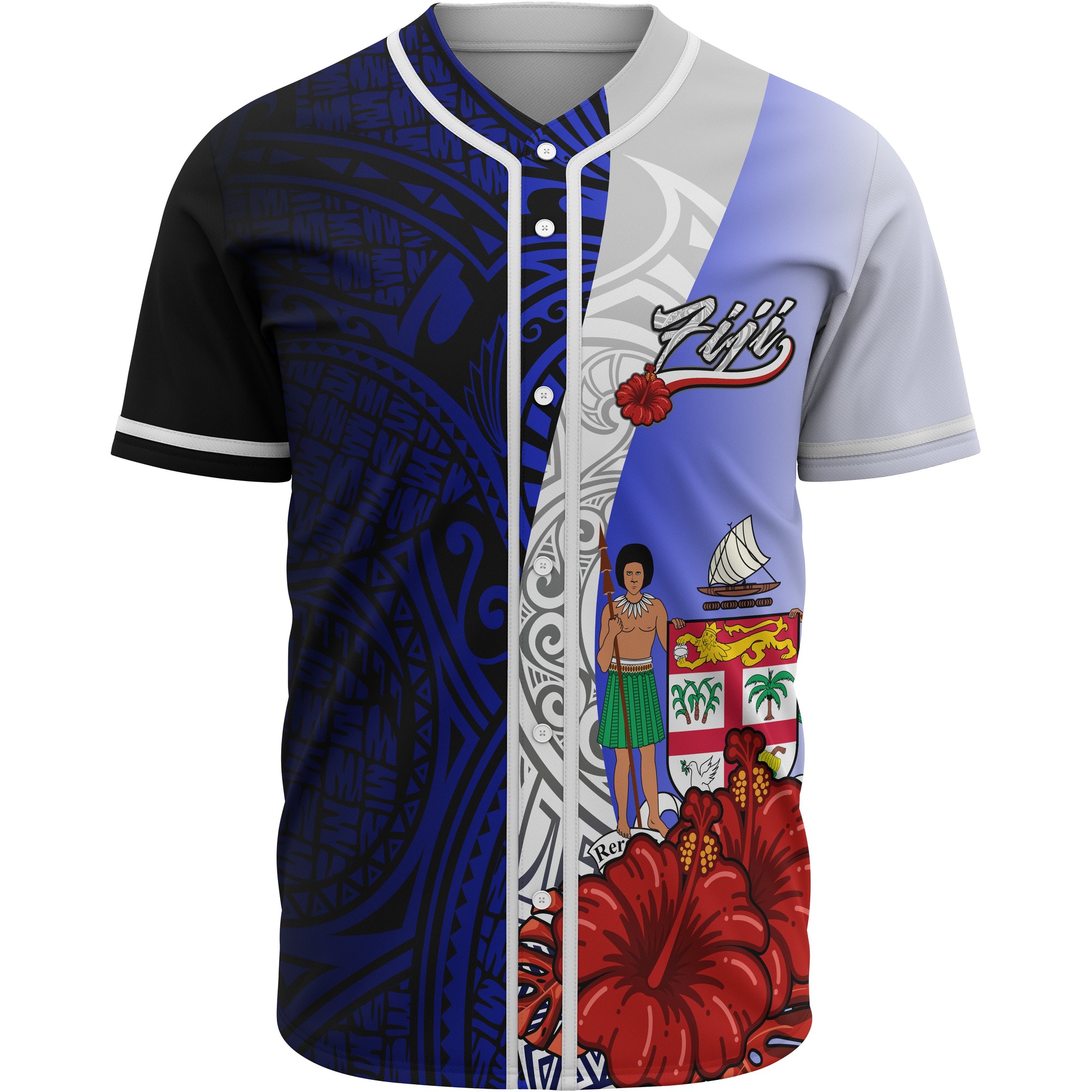 Fiji Polynesian Baseball Shirt - Coat Of Arm With Hibiscus Blue Unisex Blue - Polynesian Pride