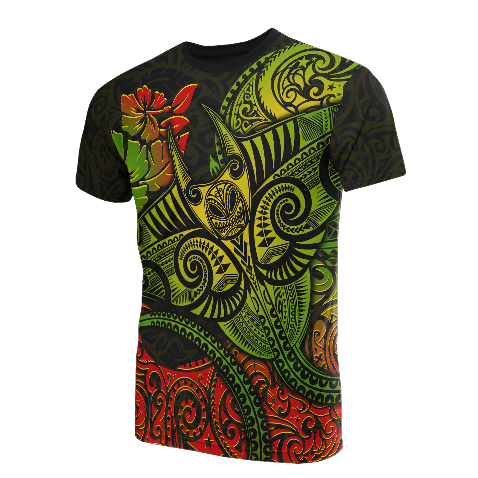 Hawaii T Shirt Polynesian Hibiscus Manta Ray Unisex BLACK - Polynesian Pride
