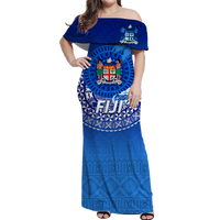 Fiji Tapa Tribal Coconut Tree Off Shoulder Long Dress - LT12 Long Dress Blue - Polynesian Pride
