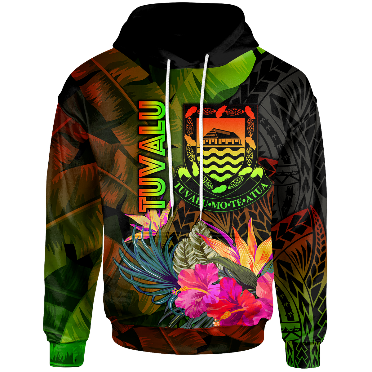 Tuvalu Polynesian Hoodie Hibiscus and Banana Leaves Unisex Reggae - Polynesian Pride