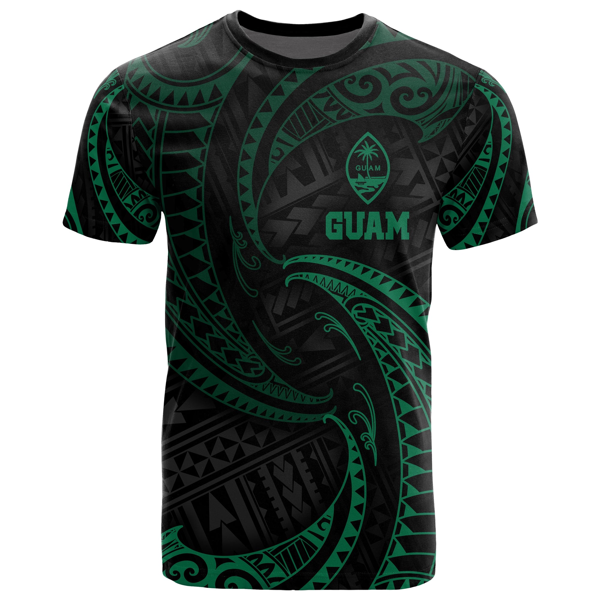 Guam Polynesian All Over T Shirt Green Tribal Wave Unisex Green - Polynesian Pride