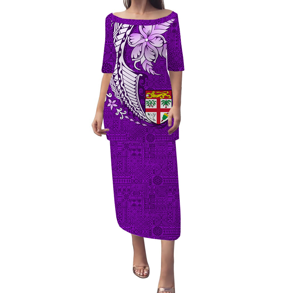 Fiji Tapa Pattern With Plumeria Tribal Purple Puletasi Dress - LT12 Long Dress Purple - Polynesian Pride