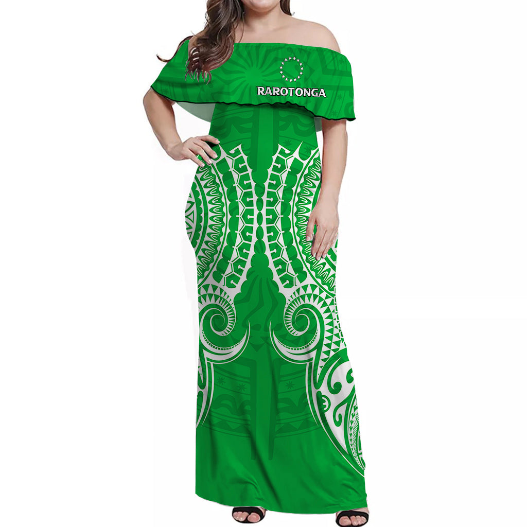 Cook Islands Rarotonga Off Shoulder Long Dress - Tribal Pattern - LT12 Long Dress Green - Polynesian Pride